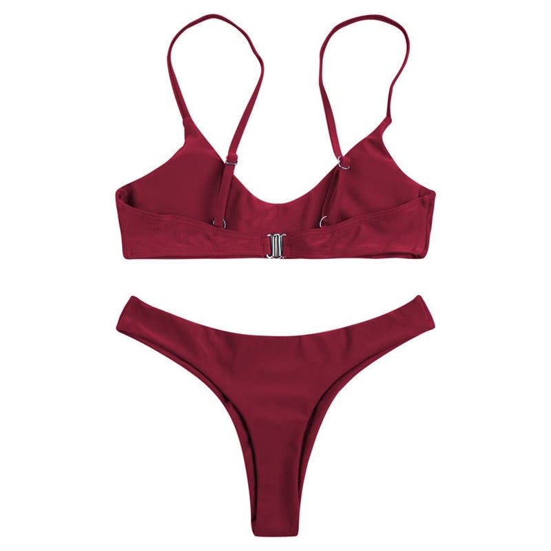 SherryDC Women's Solid Scoop Neck Push Up Padded Brazilian Thong Bikini Swimsuit,Wine Red,(US 4-6) M - Image 3